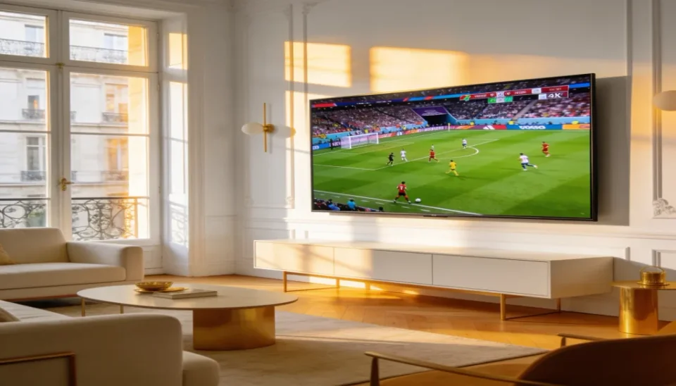 IPTV Premium diffuse en 4K sur un grand ecran dans un salon moderne